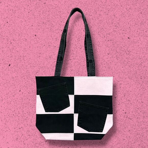 Handmade Bag Patchwork Denim Black Pink Vintage Recycled 12.5x6x15.5 - Picture 1 of 10